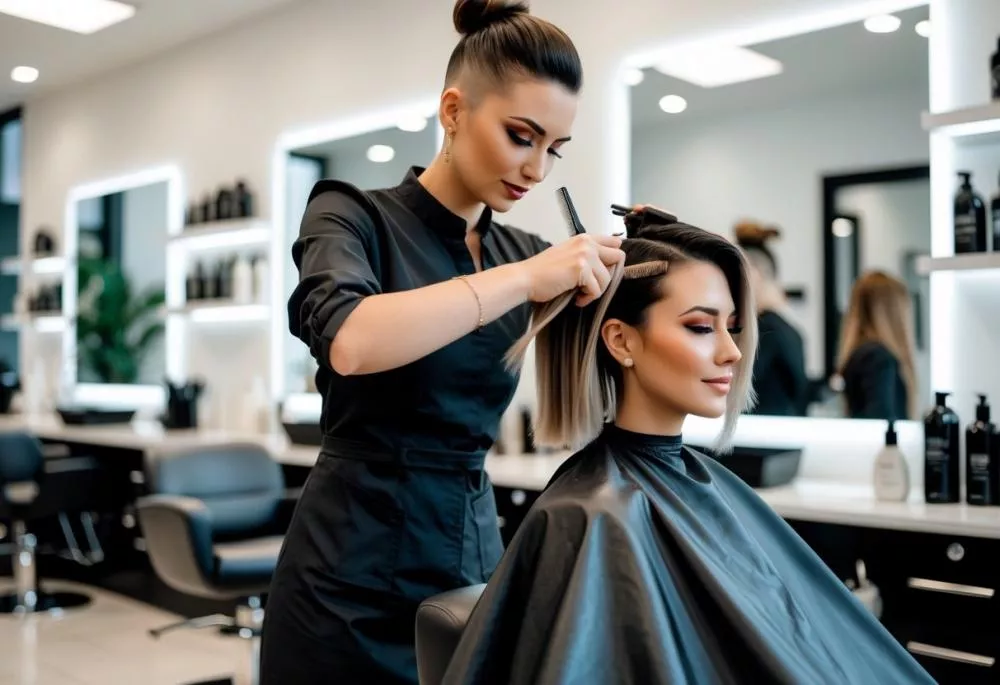Um cabeleireiro profissional cortando o cabelo de um cliente em um salão moderno e bem iluminado.