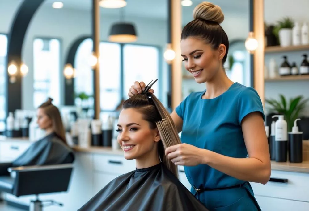 Um cabeleireiro profissional cortando o cabelo de um cliente em um salão moderno e bem iluminado.