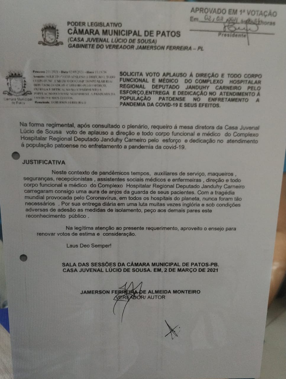 Complexo de Patos recebe Voto de Aplauso da Câmara Municipal de Patos por trabalho realizado durante a pandemia