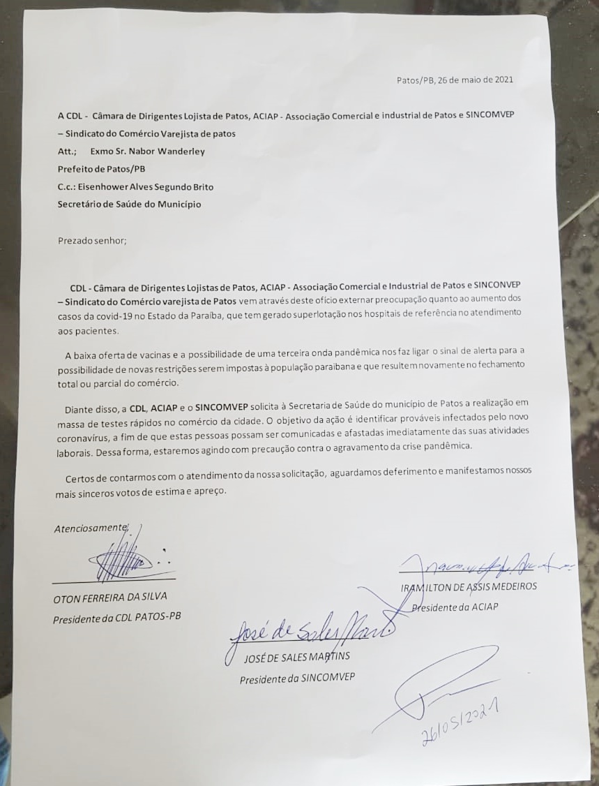 Segmentos do comércio patoense solicitam realização de testes em massa para população. Veja o documento