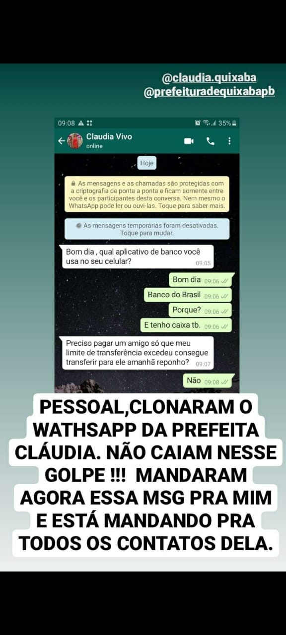 Golpistas clonam WhatsApp da prefeita de Quixaba-PB e pedem dinheiro em seu nome