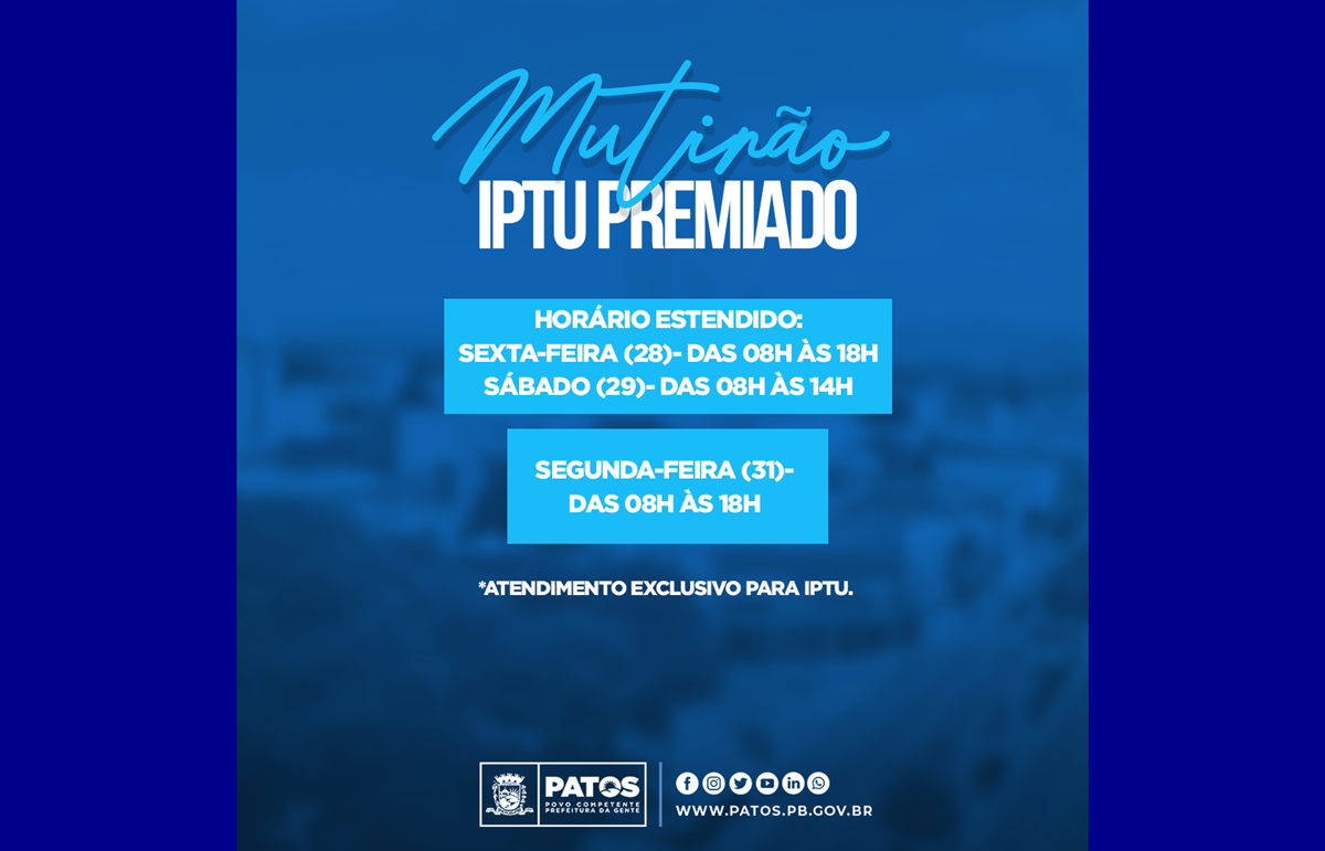 Mutirão para emissão do boleto do IPTU Premiado de Patos acontece nesta segunda-feira, 31