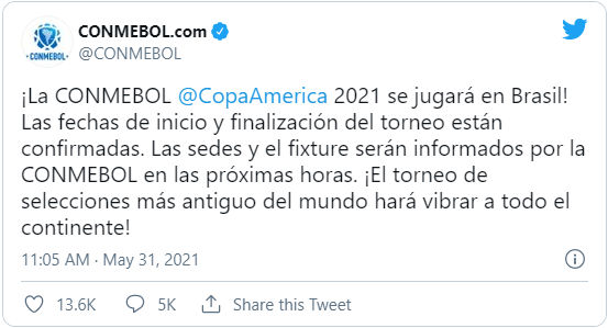 Copa América de 2021 será disputada no Brasil após decisão da Conmebol