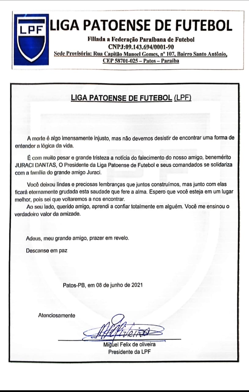Liga Patoense de Futebol divulga nota de pesar pela morte do ex-vereador Juraci Dantas