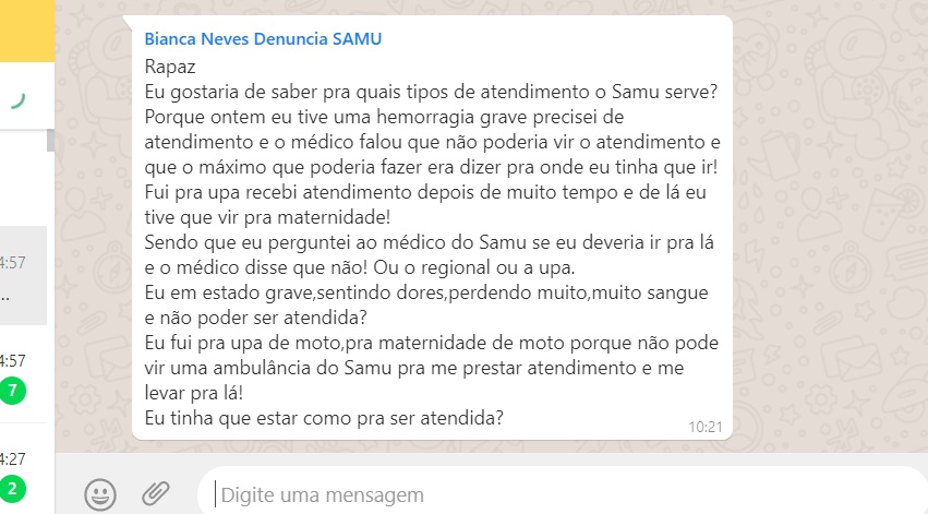 Mulher denuncia que teve atendimento negado pelo SAMU-Patos, após sofrer forte hemorragia. Grávida, ela perdeu o bebê. Ouça