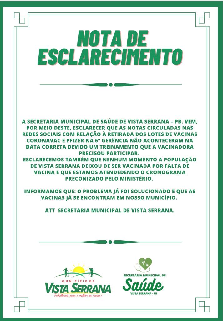 Prefeitura de Vista Serrana explica por que não retirou doses da Vacina contra COVID-19 em Patos; Veja
