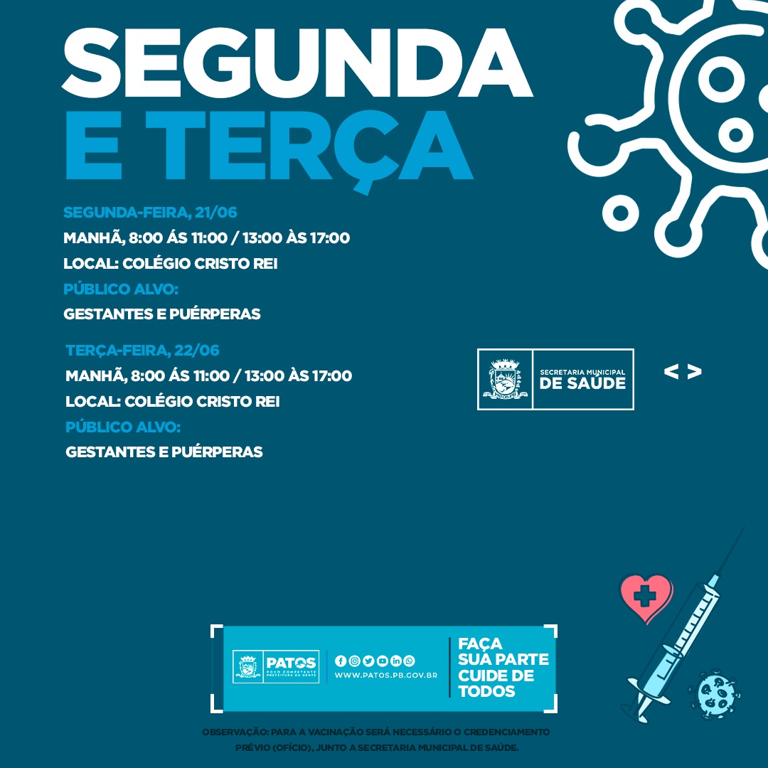 Patos deve inicia vacinação contra Covid para gestantes, puérperas e pessoas com deficiência sem o BPC na próxima semana