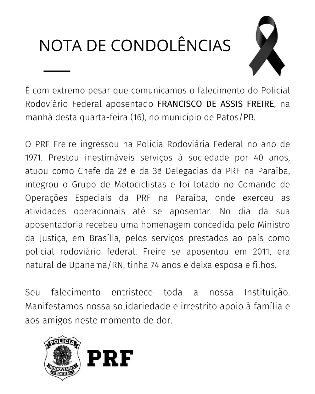PRF emite nota de condolências pela morte do Inspetor Freire