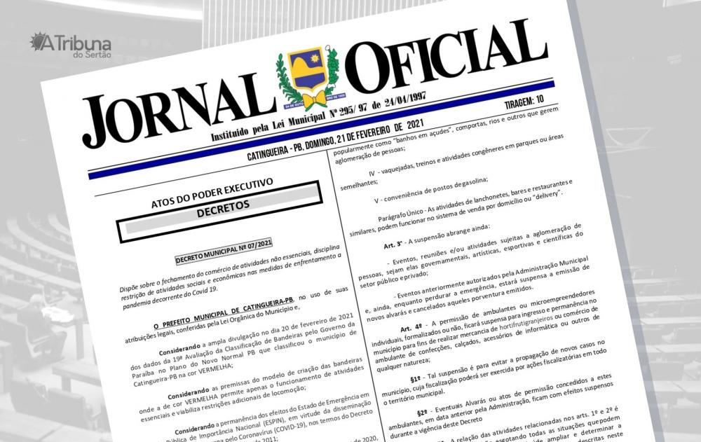 Em novo decreto, Prefeitura de Catingueira aumenta restrições para bares e restaurantes e proíbe celebrações religiosas presenciais no município
