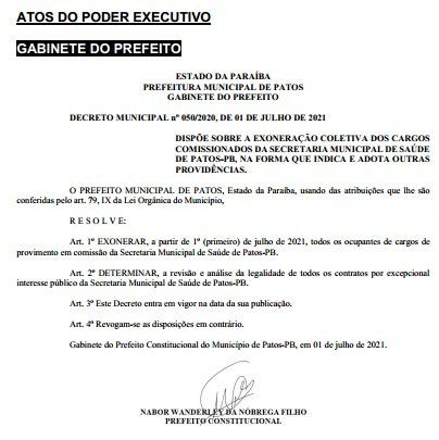Prefeito de Patos lança Diário Oficial com exoneração de servidores comissionados da saúde e adota outras providências