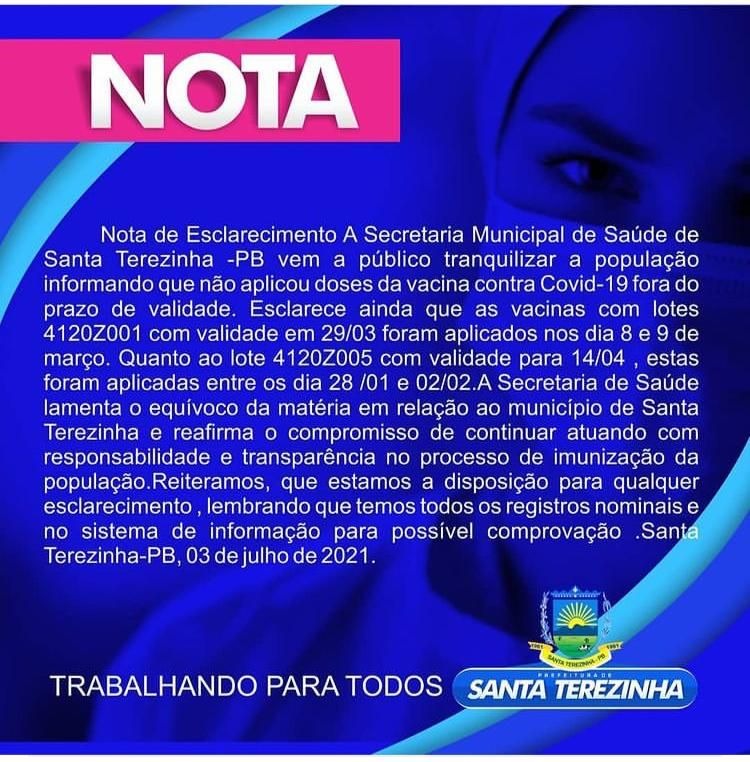 Secretaria de Saúde de Santa Terezinha PB afirma que não aplicou nenhuma dose vencida da vacina AstraZeneca