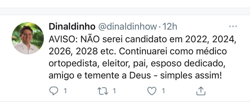 Em redes sociais, ex-prefeito Dinaldinho abandona política e afirma que não será candidato 'nunca mais'