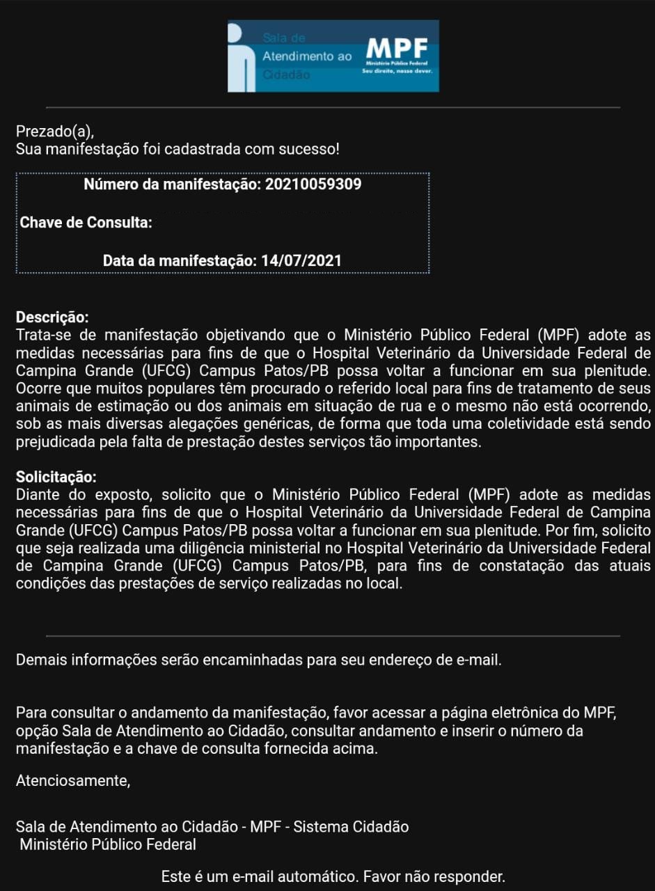 Vereador Sargento Patrian aciona o MPF em busca de soluções para o Hospital Veterinário da UFCG!