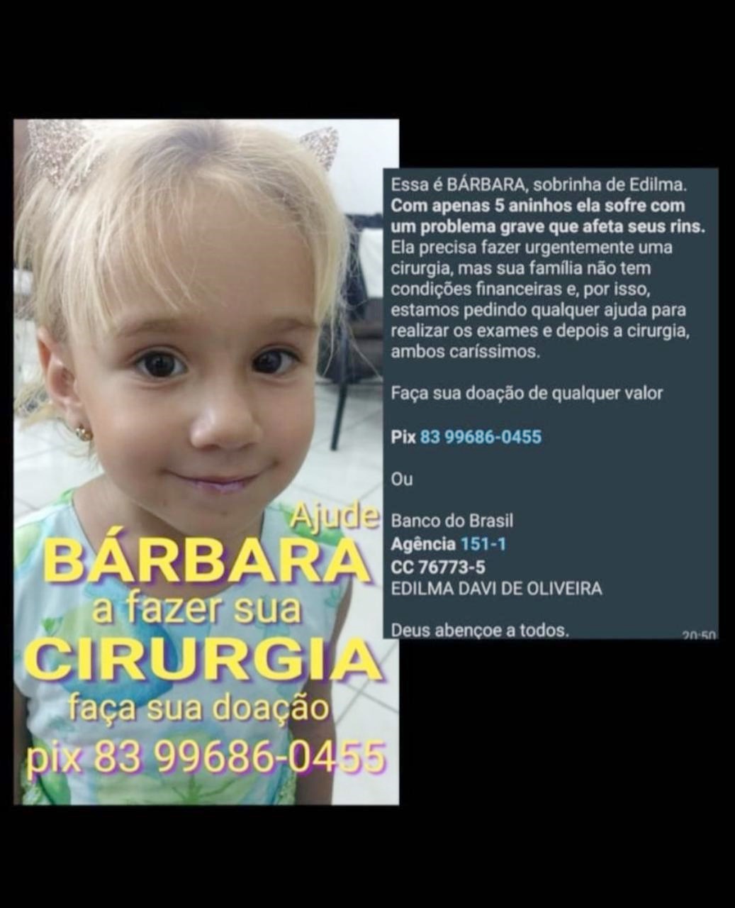 Em Patos: Familiares lançam campanha para conseguir cirurgia dos rins de criança de apenas 5 anos