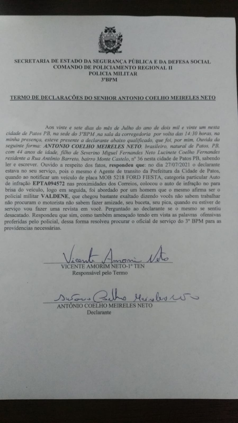 Em Patos: Agente de trânsito vai autuar carro de militar, os dois se desentendem e caso vai parar no 3º BPM