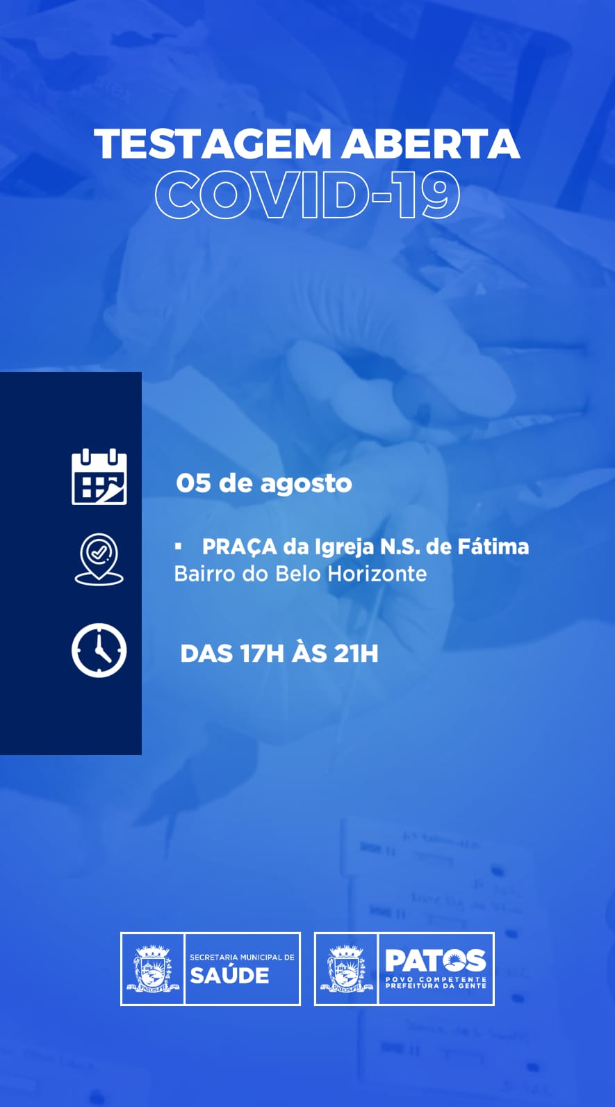 Mais uma testagem em massa para diagnóstico da Covid, é anunciada em Patos. Ação acontece nessa quinta-feira (05)