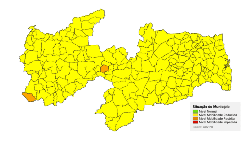 Cacimba de Areia e Santa Inês: Apenas dois municípios da PB estão na bandeira laranja, os demais estão na amarela