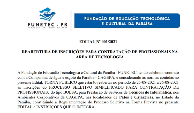 Cagepa abre vaga para Técnico de Informática em Patos, com salário de 2.500 reais; Veja