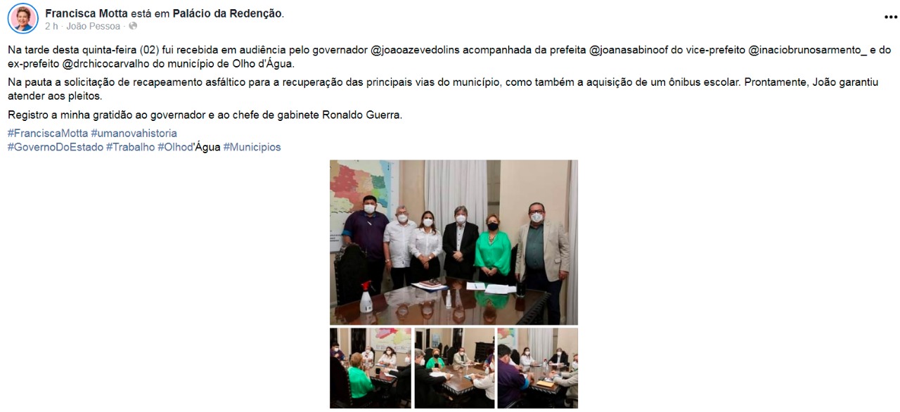 Ex-prefeita Francisca Motta se reúne com o governador João Azevedo e deixa a entender que pode voltar à vida pública