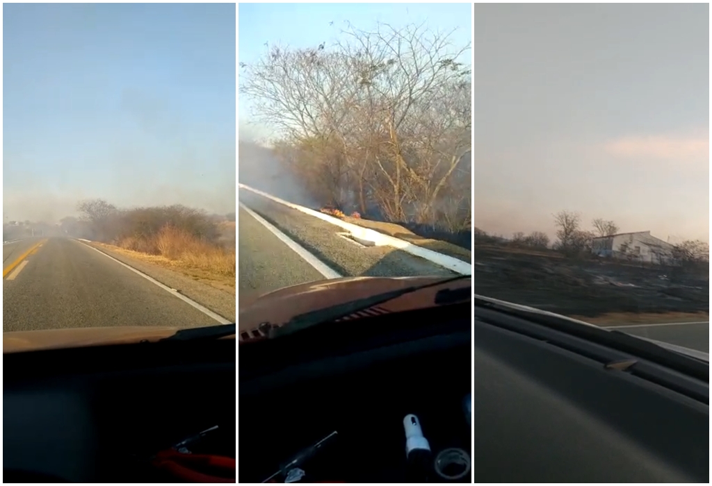 Incêndio na vegetação foi registrado na tarde desta sexta-feira (10) entre Patos e Santa Terezinha-PB. Veja o vídeo