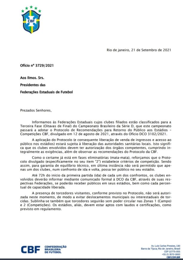 CBF autoriza a presença de público em partidas na série D