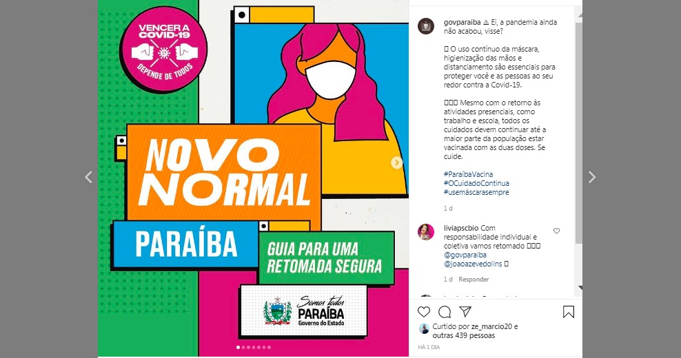 Governo da Paraíba faz postagem para alertar sobre os cuidados que ainda devemos manter contra a Covid-19. Veja
