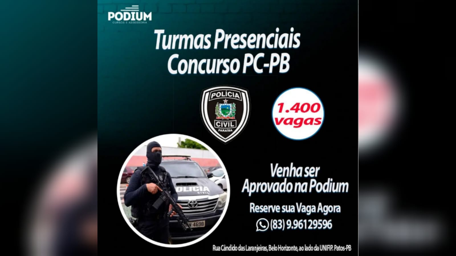 Podium Cursos inicia nesta quinta-feira (30) aulas do curso preparatório para o concurso da Polícia Civil da Paraíba