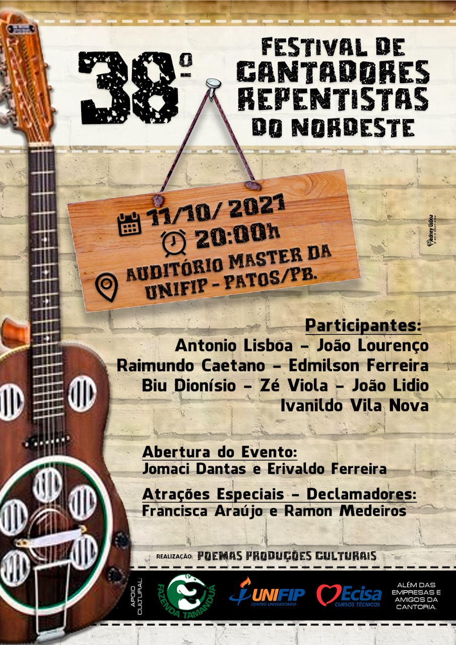 38º Festival de Cantadores Nordestinos em Patos acontecerá amanhã, segunda-feira, dia 11 de outubro