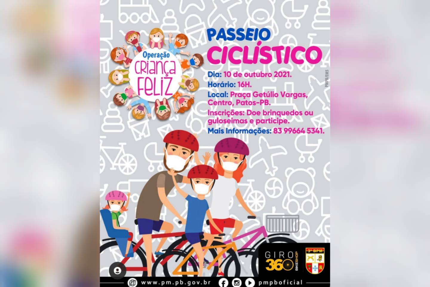 Polícia Militar realizará passeio ciclístico em prol da operação criança feliz, em Patos