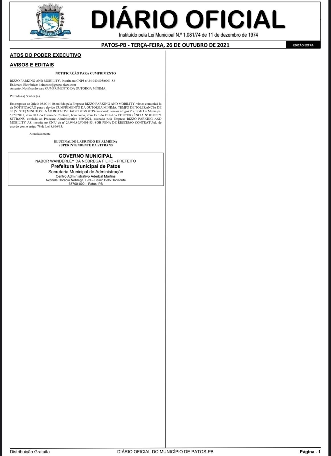 Prefeitura de Patos notifica empresa RIZZO PARKING para cumprimento de tempo de tolerância de 20 minutos e não rotatividade de motos