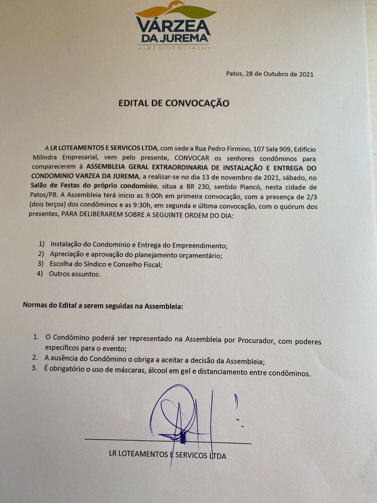 LR Loteamentos e Serviços convoca condôminos para participarem da Assembleia Geral de Instalação e Entrega do Condomínio Várzea da Jurema, no próximo dia 13, em Patos
