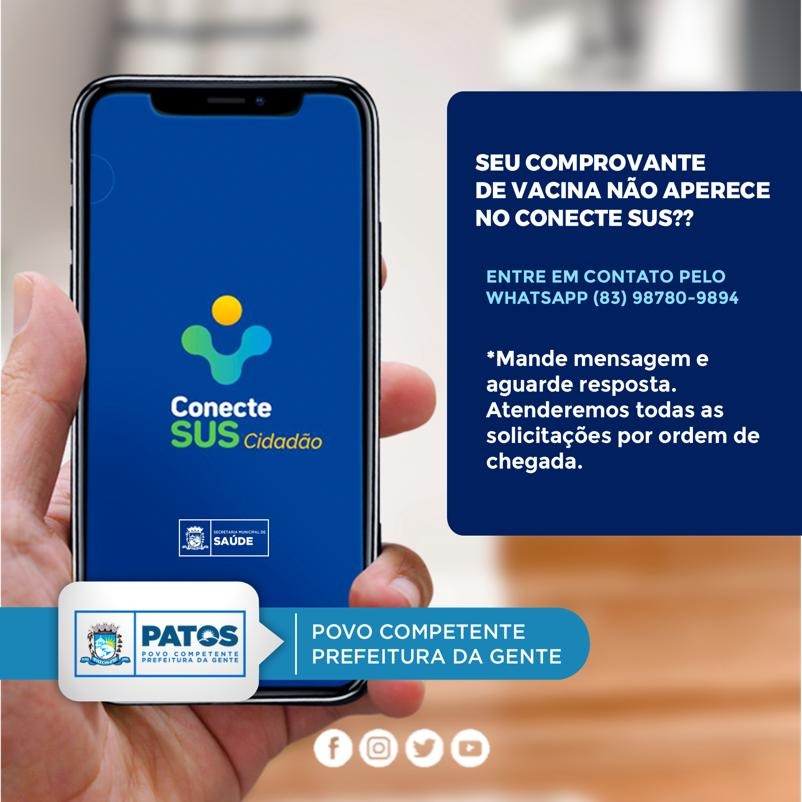 Prefeitura de Patos disponibiliza contato de WhatsApp para atualização da vacina covid no Conecte SUS