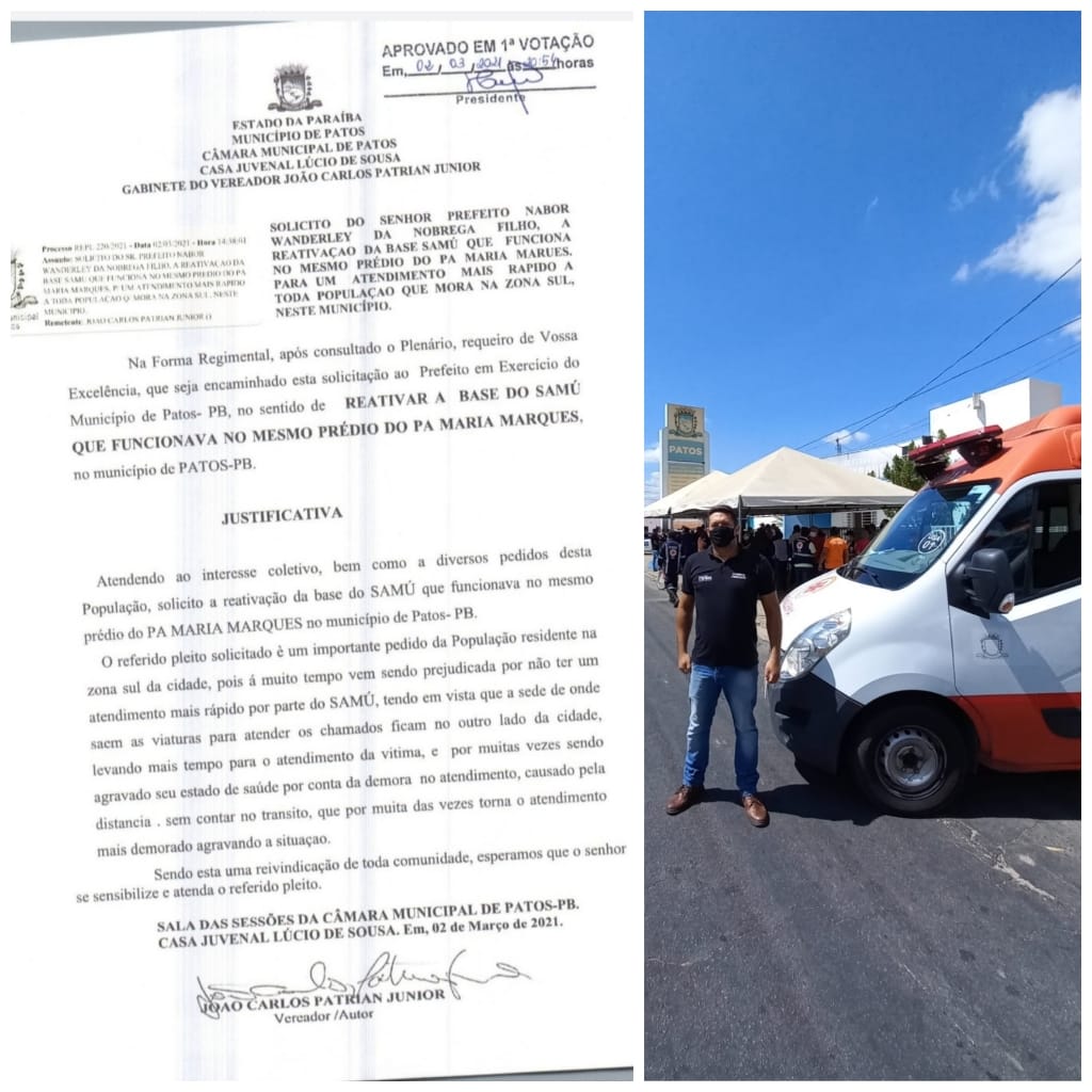 O vereador Sargento Patrian tem solicitação atendida e base do Samu no Jatobá é reativada