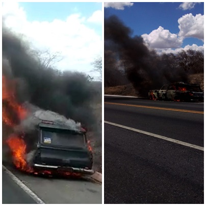Carro de linha pega fogo na Serra de Santa Luzia; Veja as imagens