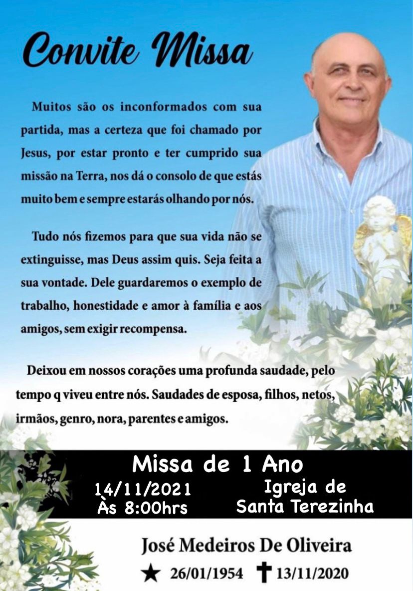 Familiares convidam parentes e amigos para missa de 1 ano do senhor José Medeiros de Oliveira