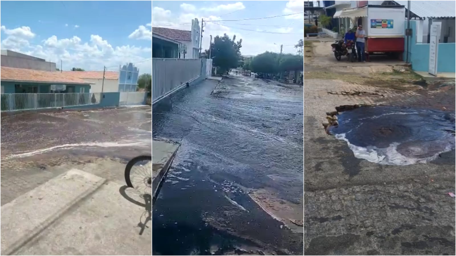 Cano estourado forma verdadeiro riacho em rua no Monte Castelo, em Patos, e grande quantidade de água está sendo desperdiçada. Veja