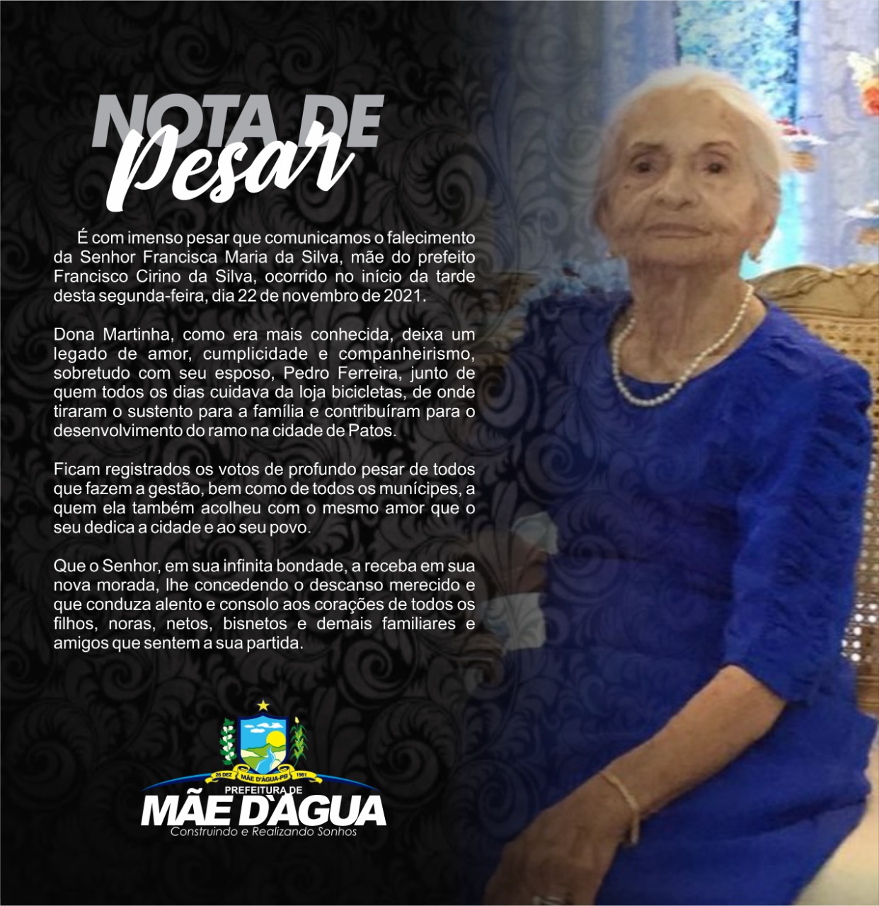 Prefeitura de Mãe d'Água emite Nota de Pesar pelo falecimento de Dona Martinha (Mãe do prefeito Cirino)