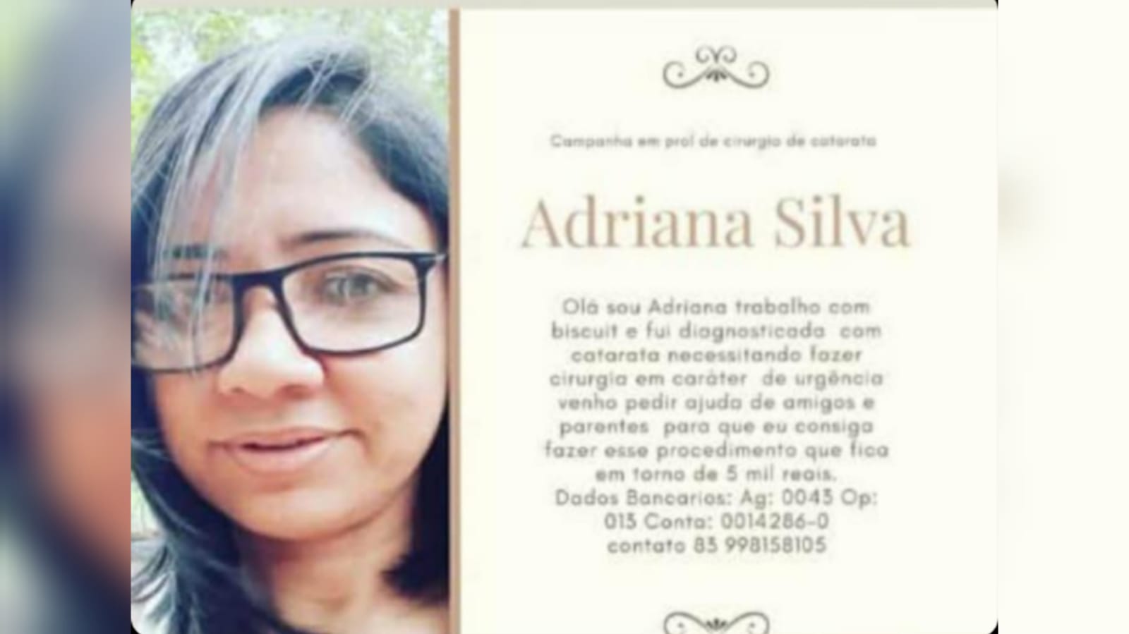 Mulher de Patos pede ajuda para realizar cirurgia de catarata que custa R$ 5 mil e deve ser feita com urgência