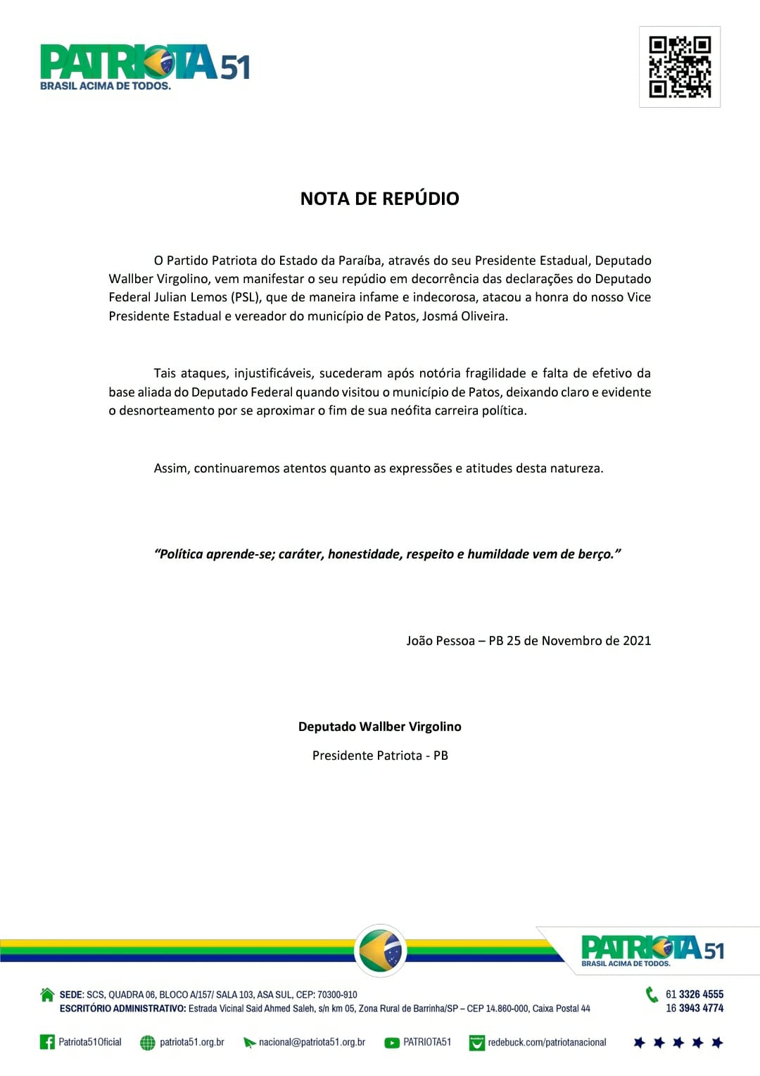 Patriota emite nota de repúdio sobre acusações do deputado Julian Lemos ao vereador Josmá Oliveira. Veja