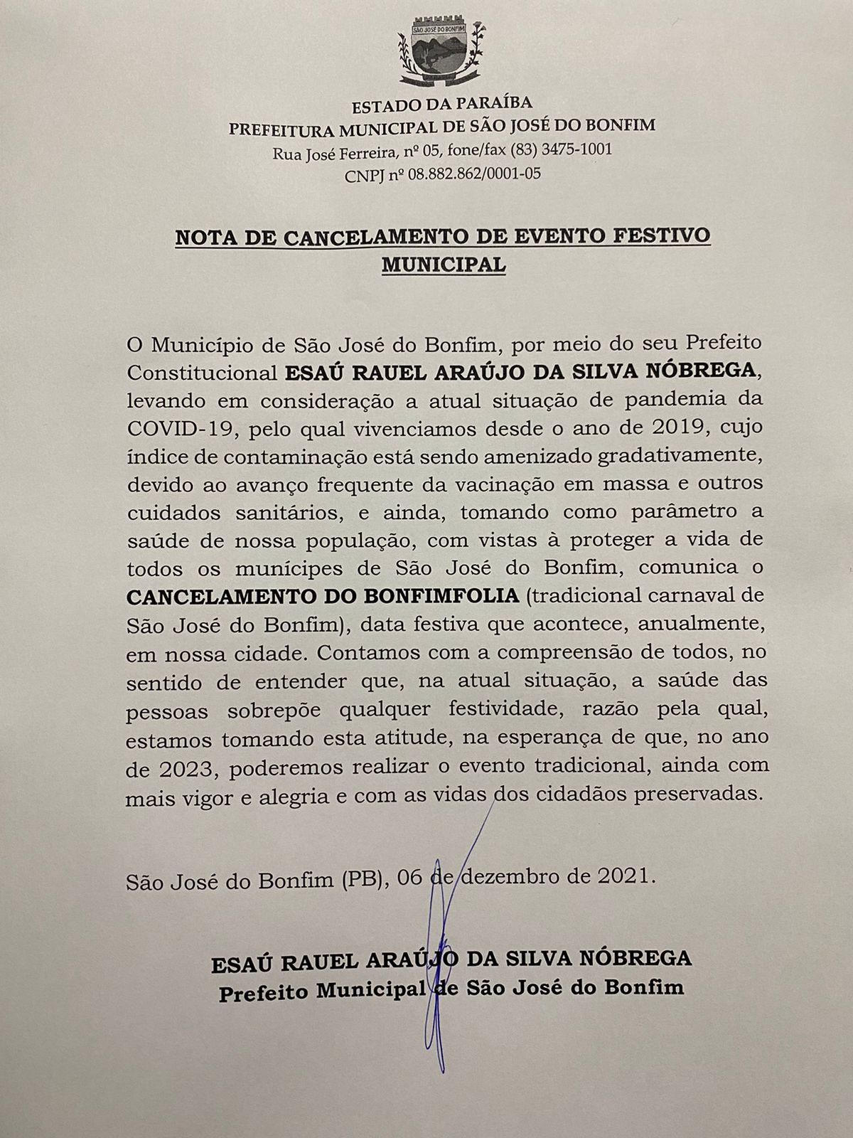 Prefeitura de São José do Bonfim cancela festa de carnaval 2022