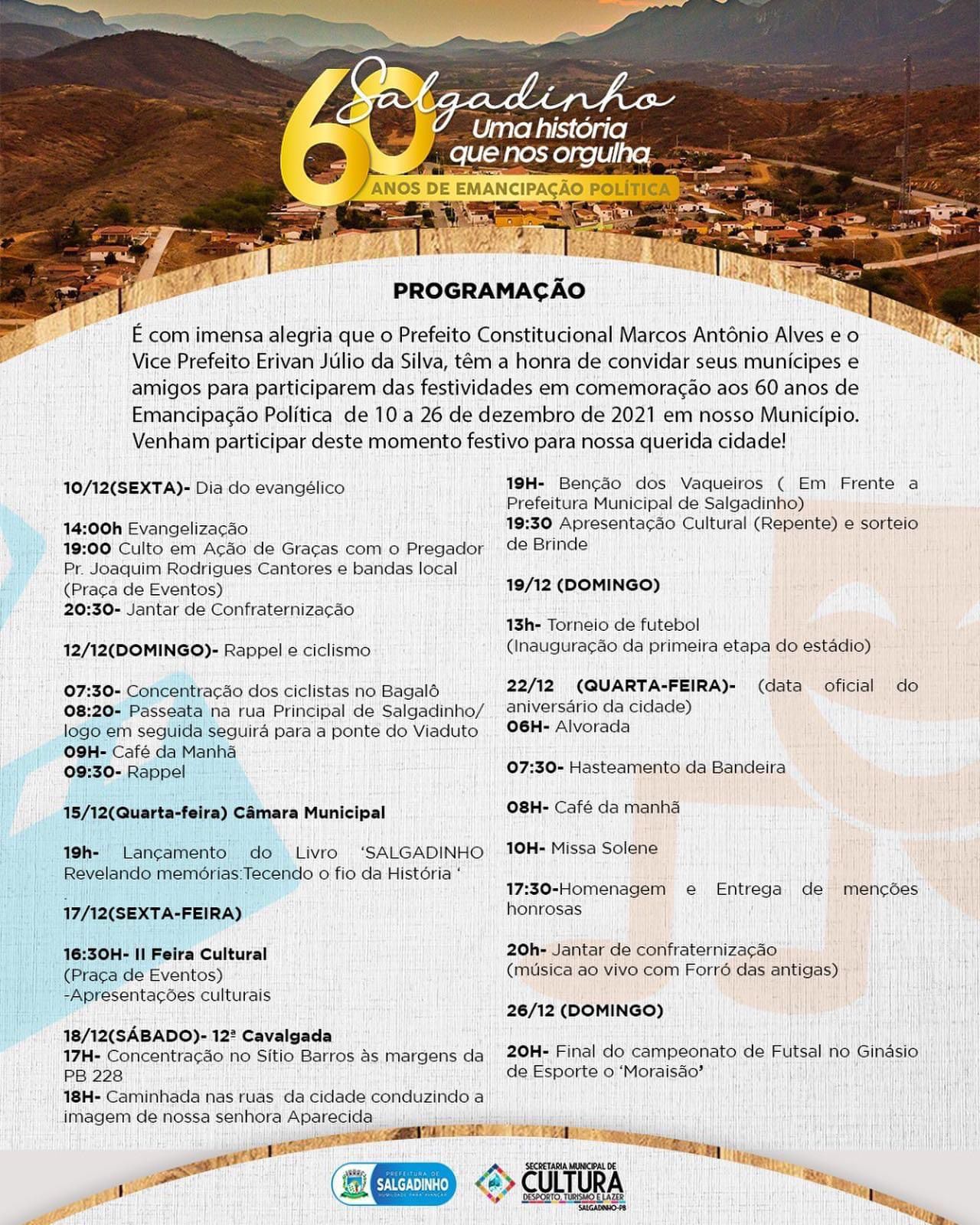 Prefeitura de Salgadinho-PB divulga programação festiva dos 60 anos de emancipação política do município