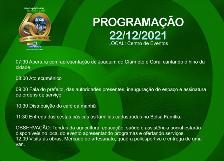 Santa Terezinha completa 60 anos de emancipação política nesta quarta-feira (22). Veja a programação festiva e um pouco da história do município
