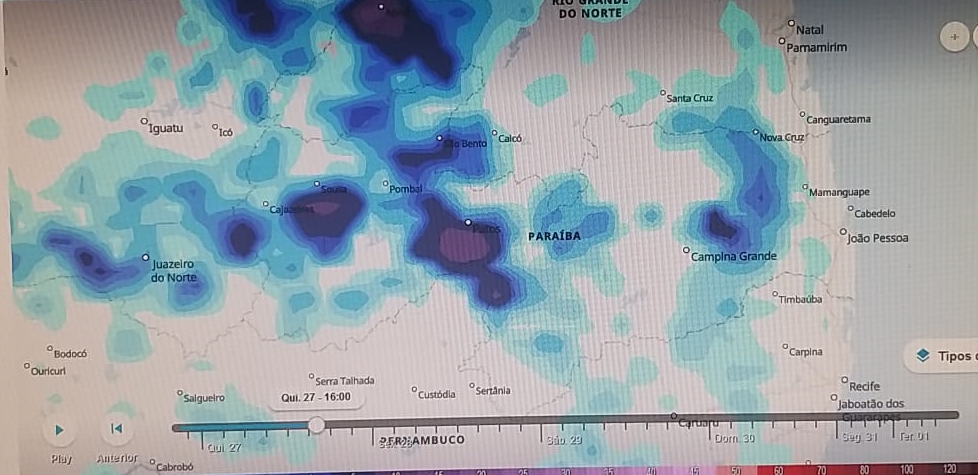 Hoje tem chuva forte em Patos e várias cidades do interior segundo meteorologia