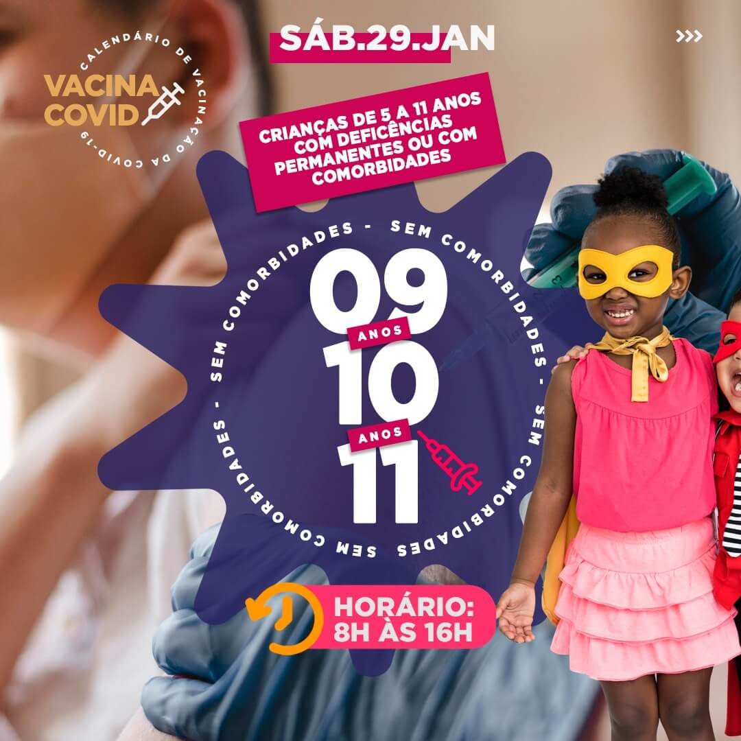 Dia D de vacinação contra covid para crianças acontece neste sábado (29), em Patos, incluindo crianças de 9, 10 e 11 anos sem comorbidades