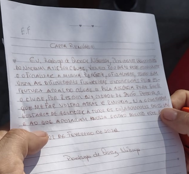 Rodrigo Nóbrega assina carta de renúncia e deixa a presidência do Nacional de Patos