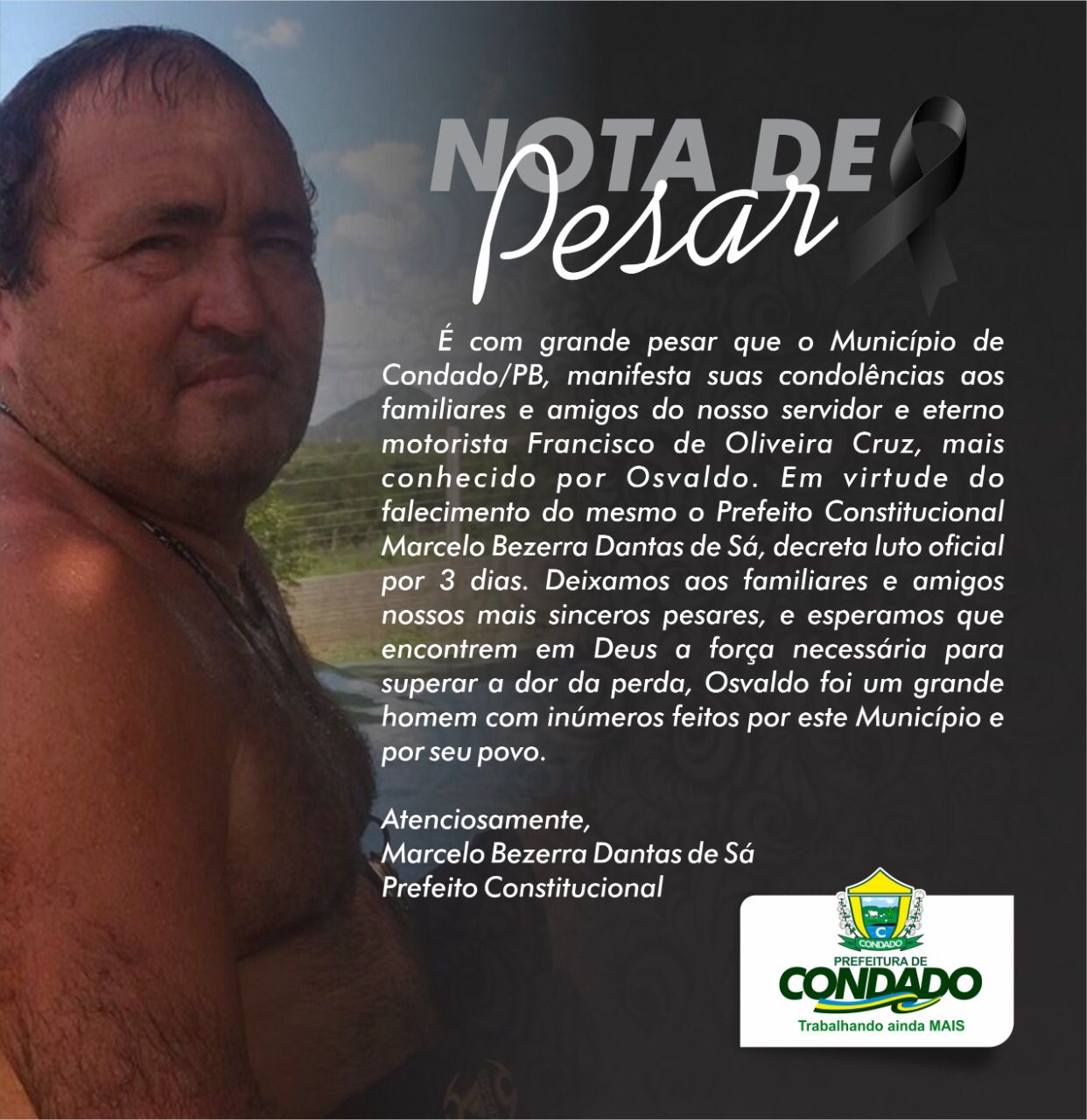 Infarto mata motorista da Prefeitura de Condado aos 61 anos de idade. Município decreta Luto por três dias