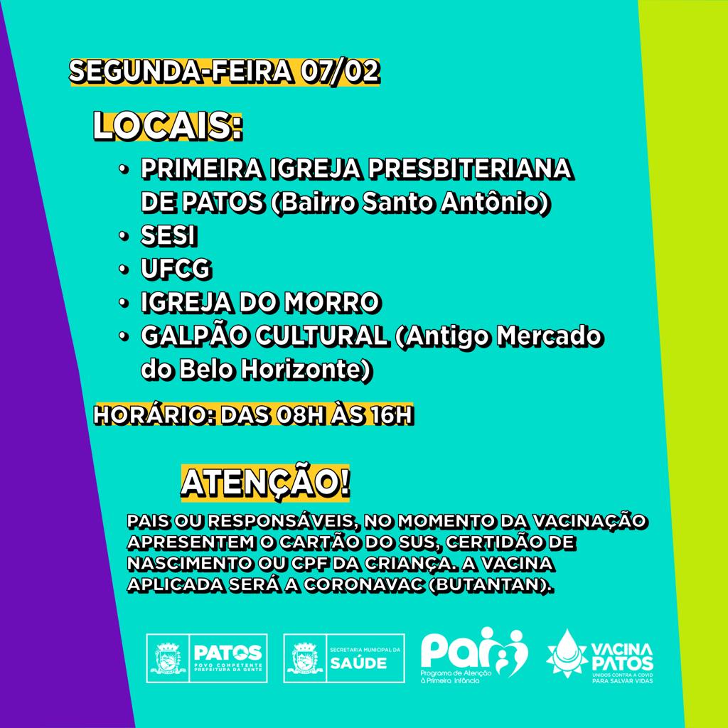 Prefeitura de Patos amplia pontos de vacinação contra Covid para crianças de 5 a 11 anos, nesta segunda-feira (07)