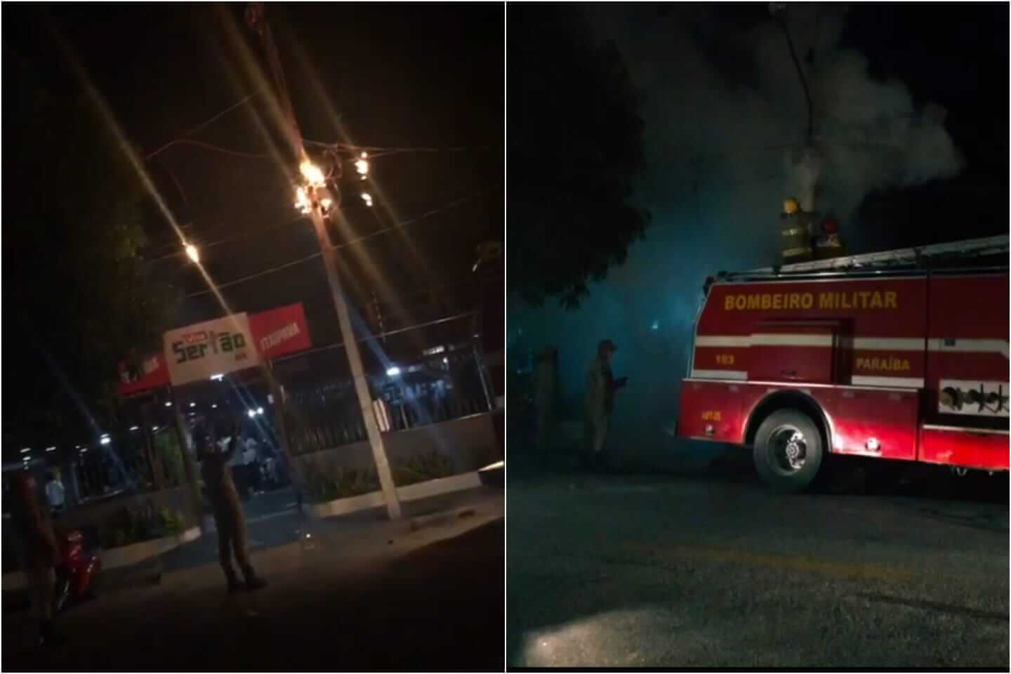 Poste de energia pega fogo na noite desta segunda-feira (07) em frente ao Vila Sertão, em Patos