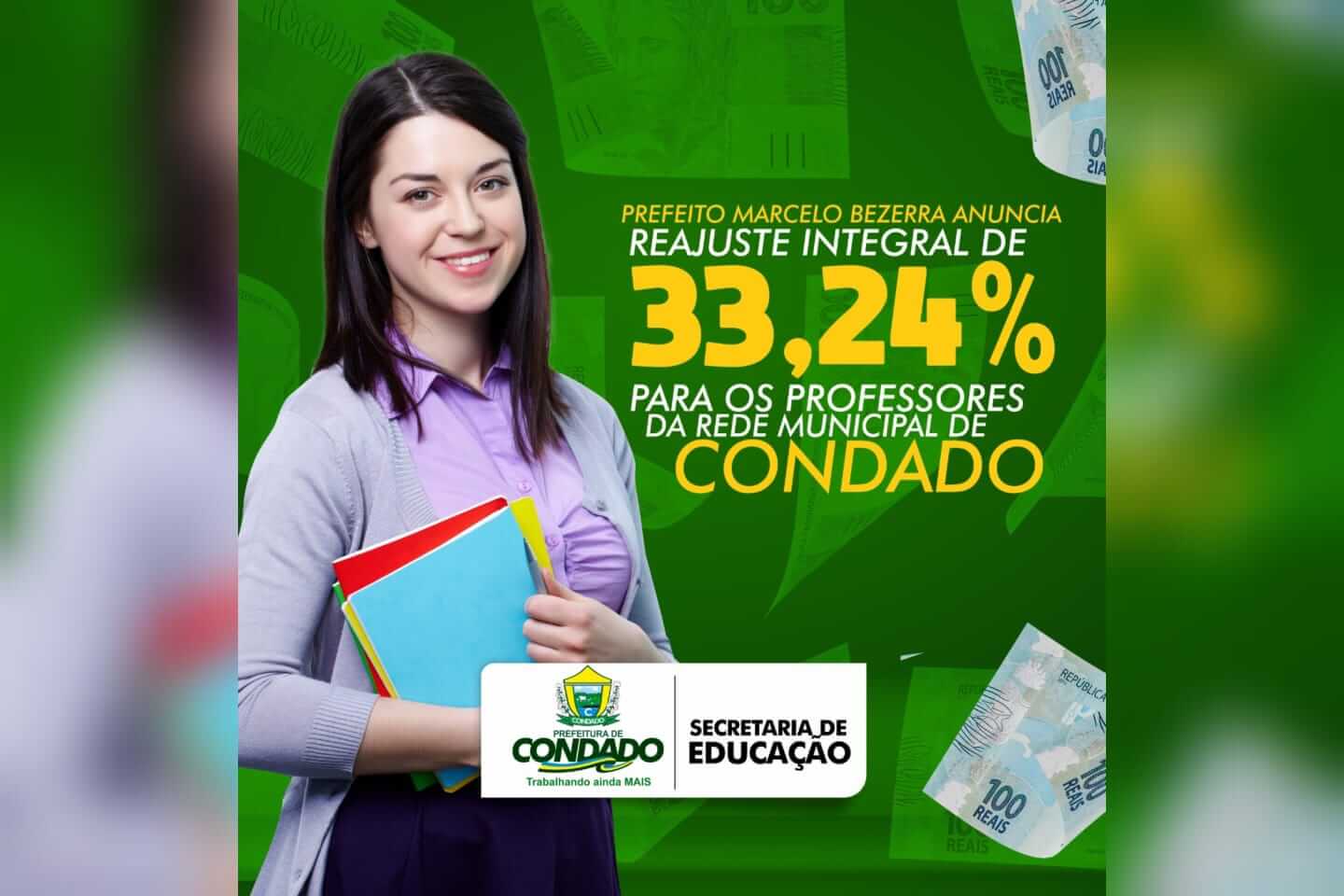 Prefeitura de Condado anuncia aumento de 33,24% do piso do magistério da Rede Municipal
