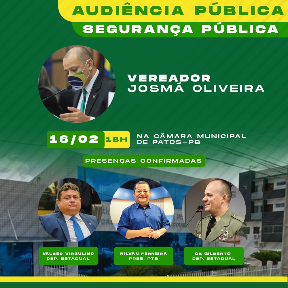 Audiência na Câmara Municipal de Patos discutirá Segurança Pública no município, nessa quarta (16)